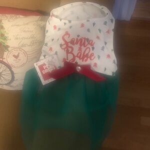 Santa Babe Dog Dress and reindeer dress with Green Tulle and pink quilted coat